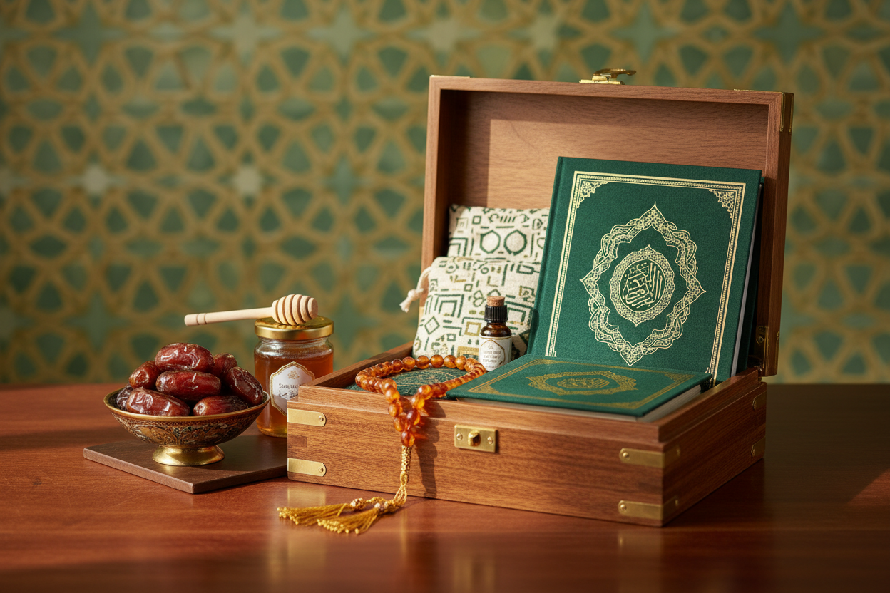Islamic-themed subscription box filled with premium items, including prayer beads (tasbih), dates, Islamic books, artisanal honey, and spiritual wellness products, arranged beautifully on a wooden surface with decorative geometric Islamic patterns in the background. NO TEXT OR WRITING. Warm green and gold tones, elegant composition, product photography style, soft natural lighting.